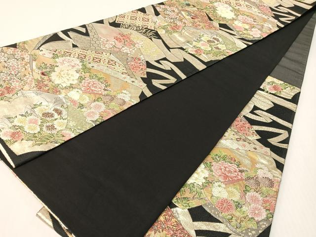 平和屋着物●六通柄袋帯　誰が袖花鳥文　黒地　金糸　正絹　逸品　CABG1684vp