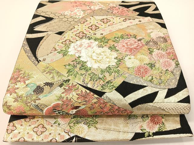 平和屋着物●六通柄袋帯　誰が袖花鳥文　黒地　金糸　正絹　逸品　CABG1684vp