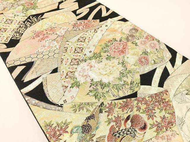 平和屋着物●六通柄袋帯　誰が袖花鳥文　黒地　金糸　正絹　逸品　CABG1684vp