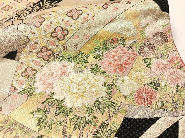 平和屋着物●六通柄袋帯　誰が袖花鳥文　黒地　金糸　正絹　逸品　CABG1684vp