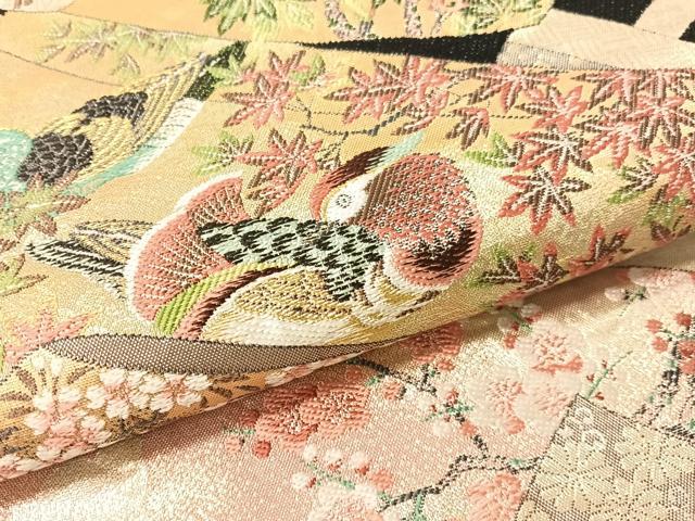 平和屋着物●六通柄袋帯　誰が袖花鳥文　黒地　金糸　正絹　逸品　CABG1684vp