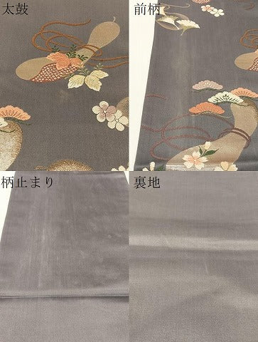 平和屋着物●現代アンティーク　貝島はるみ　綺麗伝説　六通柄袋帯　瓢箪花文　金糸　正絹　逸品　CABG1688vp