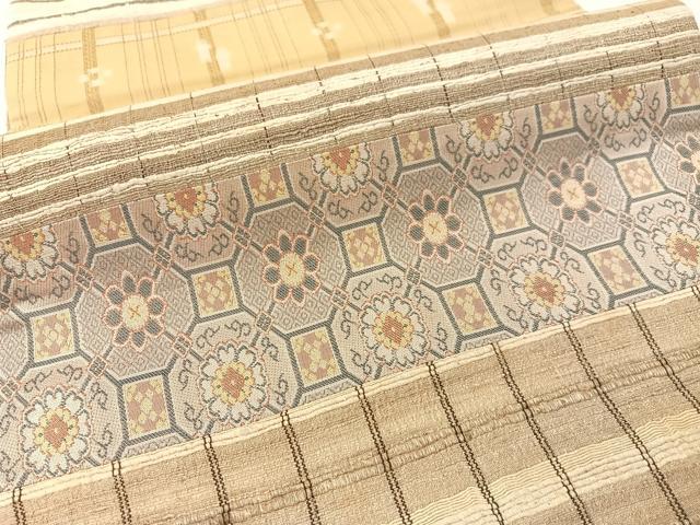 平和屋着物●インドタッサーシルク アッサム原産 野蚕糸 きりばめ手織 ムガシルク 帯洛工房 両面 全通柄袋帯 証紙付き 正絹 逸品CABG1690vp