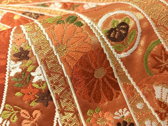 平和屋着物●西陣　河合美術織物謹製　六通柄袋帯　唐織　束ね熨斗花鳥文　金糸　正絹　逸品　CABG1694vp