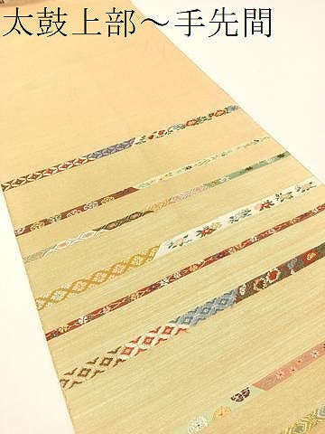 平和屋着物●西陣河村織物謹製・手織り　太鼓柄袋帯　唐織　能装小花間道　摺箔　正絹　逸品　CABG1696vp