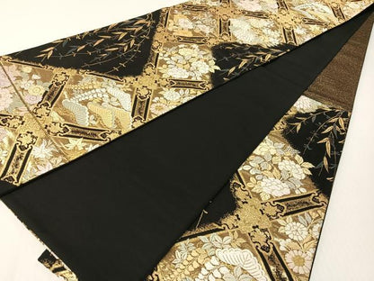 平和屋着物●六通柄袋帯　唐織　格天井花文　黒地　金糸　正絹　逸品　CABG1698vp