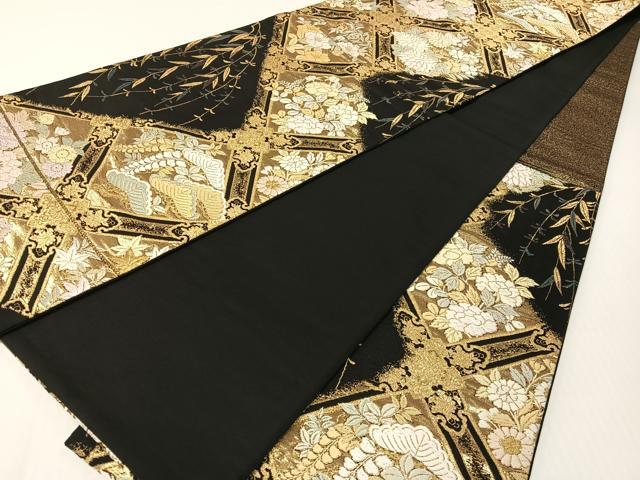 平和屋着物●六通柄袋帯　唐織　格天井花文　黒地　金糸　正絹　逸品　CABG1698vp