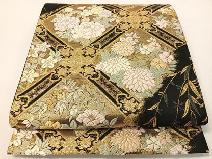 平和屋着物●六通柄袋帯　唐織　格天井花文　黒地　金糸　正絹　逸品　CABG1698vp
