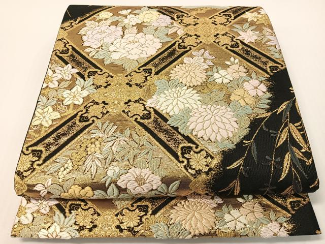 平和屋着物●六通柄袋帯　唐織　格天井花文　黒地　金糸　正絹　逸品　CABG1698vp