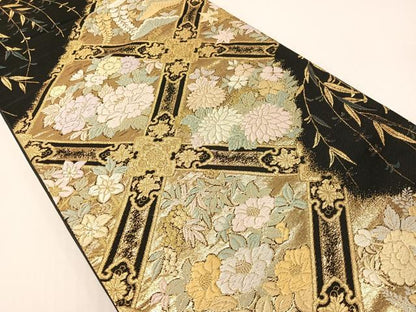 平和屋着物●六通柄袋帯　唐織　格天井花文　黒地　金糸　正絹　逸品　CABG1698vp