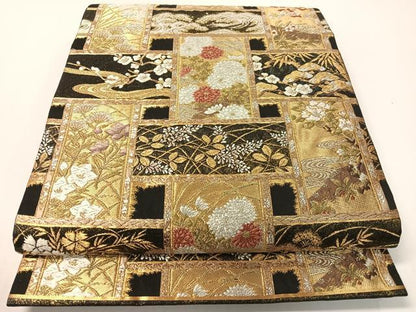 平和屋着物●西陣の名門　加納幸謹製　六通柄袋帯　唐織　立波吉祥花文　黒地　金銀糸　正絹　逸品　CABG1703vp