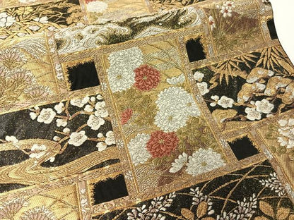 平和屋着物●西陣の名門　加納幸謹製　六通柄袋帯　唐織　立波吉祥花文　黒地　金銀糸　正絹　逸品　CABG1703vp
