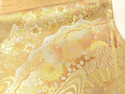 平和屋着物●金彩友禅　卓越技能者・名工・和田光正　太鼓柄袋帯　立波扇面花文　正絹　逸品　CABG1707vp