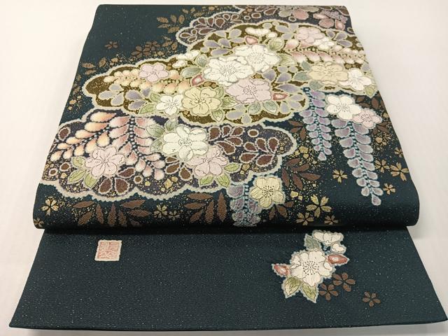 平和屋着物●越後十日町の一流染匠　桐屋・翠山工房　太鼓柄袋帯　辻が花　絞り　銀通し地　正絹　逸品　未使用　CABG1711vp