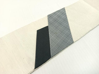 平和屋着物●九寸名古屋帯　紬地　切嵌　斜線文　銀糸　正絹　逸品　CABG1719vp