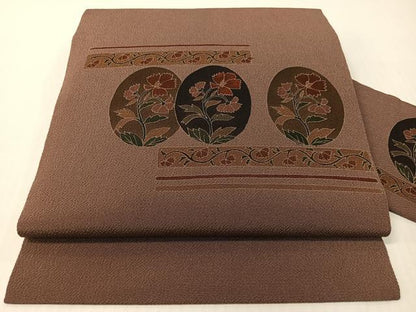 平和屋着物●九寸名古屋帯　刺繍　草花丸文　鬼しぼ縮緬　正絹　逸品　CABG1720vp