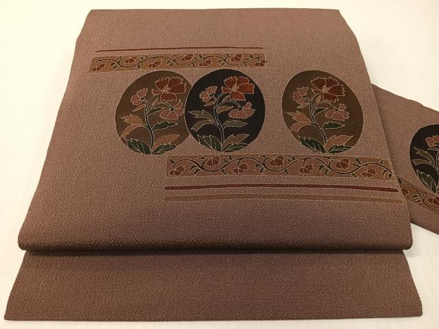 平和屋着物●九寸名古屋帯　刺繍　草花丸文　鬼しぼ縮緬　正絹　逸品　CABG1720vp