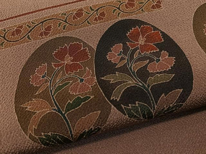 平和屋着物●九寸名古屋帯　刺繍　草花丸文　鬼しぼ縮緬　正絹　逸品　CABG1720vp