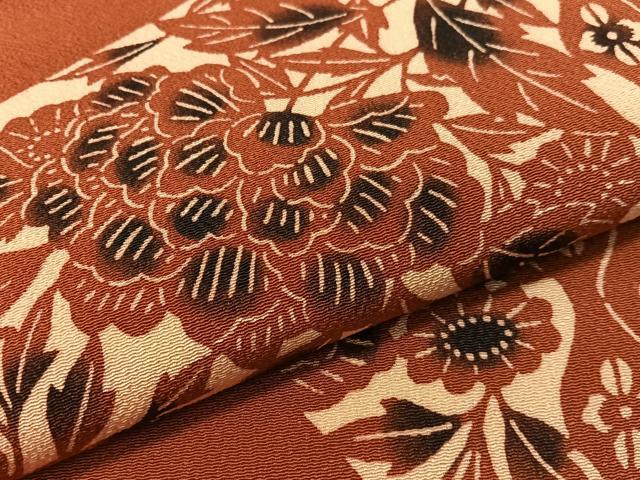 平和屋着物●九寸名古屋帯　作家物　型染め　草木手染　色紙更紗花文　鬼しぼ縮緬　正絹　逸品　CABG1722vp