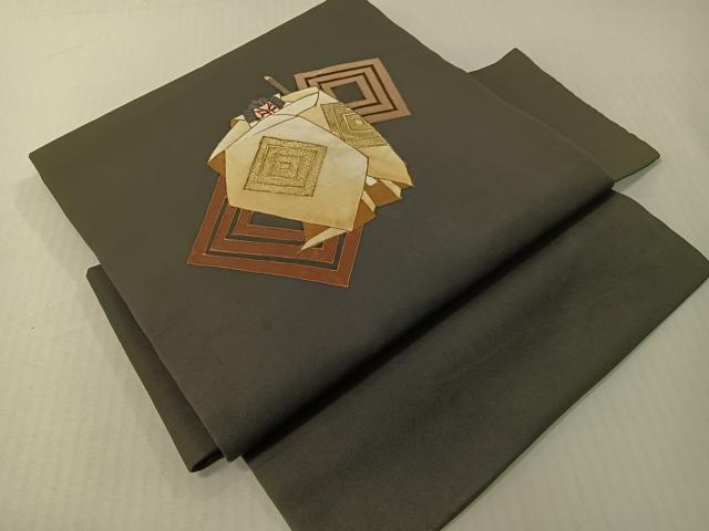平和屋着物●塩瀬　つけ帯　手描き　歌舞伎　黒地　金彩　正絹　逸品　CABG1727vp