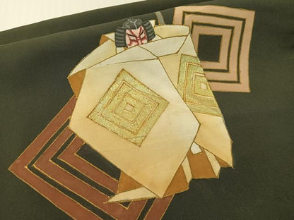 平和屋着物●塩瀬　つけ帯　手描き　歌舞伎　黒地　金彩　正絹　逸品　CABG1727vp
