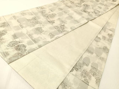 平和屋着物▽六通柄袋帯　スリーシーズン　春夏秋　更紗横段文　銀糸　正絹　逸品　CABG1733vp