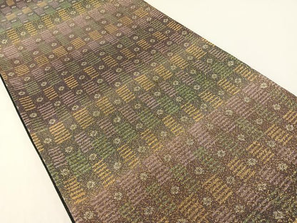 平和屋着物●両面　全通柄袋帯　市松花文　金通し地　正絹　逸品　CABG1734vp