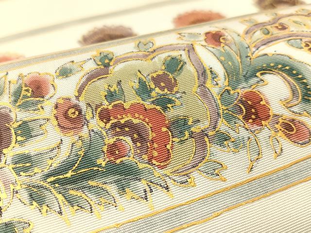 平和屋着物●塩瀬　九寸名古屋帯　更紗横段文　金彩　正絹　逸品　CABG1773vp