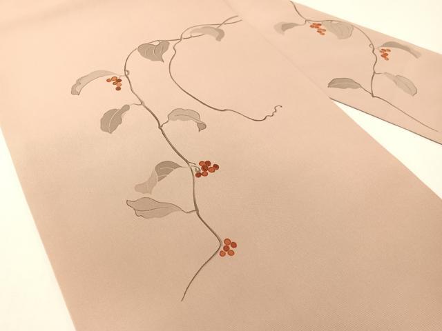 平和屋着物●塩瀬　九寸名古屋帯　手描き　刺繍　葡萄蔦の葉文　正絹　逸品　CABG1774vp