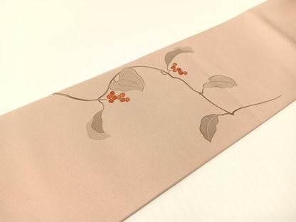 平和屋着物●塩瀬　九寸名古屋帯　手描き　刺繍　葡萄蔦の葉文　正絹　逸品　CABG1774vp