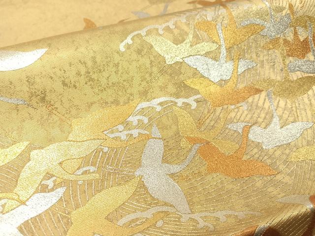 平和屋着物●金彩友禅　卓越技能者・名工・和田光正　太鼓柄袋帯　立波群れ鶴文　正絹　逸品　CABG1784vp