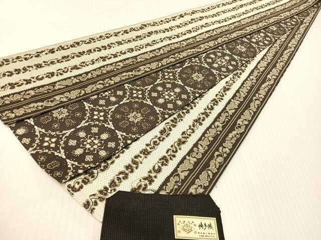 平和屋着物●本場筑前博多織　両面　半幅帯　草花間道　金糸　さが美扱い　博多金ラベル　証紙付き　正絹　逸品　CABG1788vp