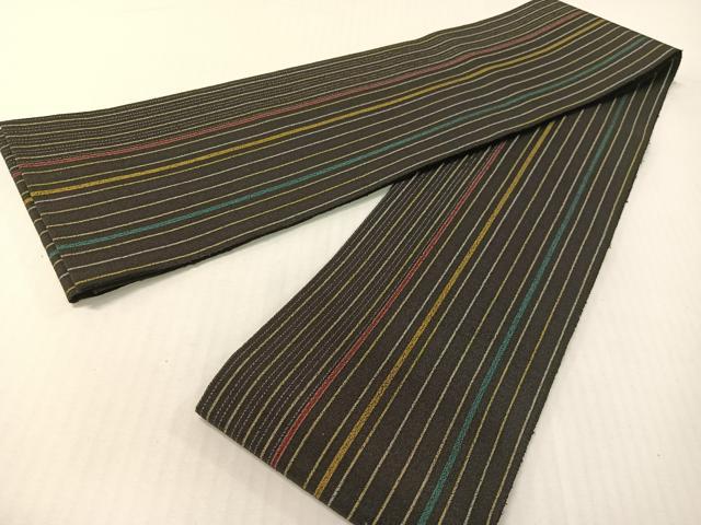 平和屋着物●本場縞大島紬　両面　半幅帯　間道　反端付き　正絹　逸品　未使用　CABG1791vp