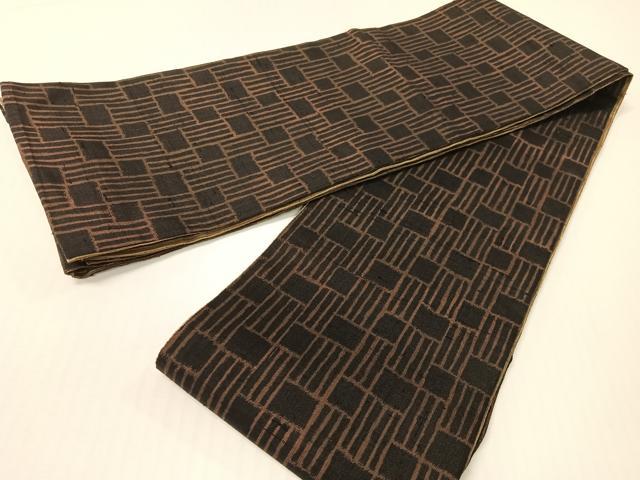 平和屋着物●両面　半幅帯　紬地　幾何学文様　黒地　さが美扱い　正絹　逸品　CABG1792vp