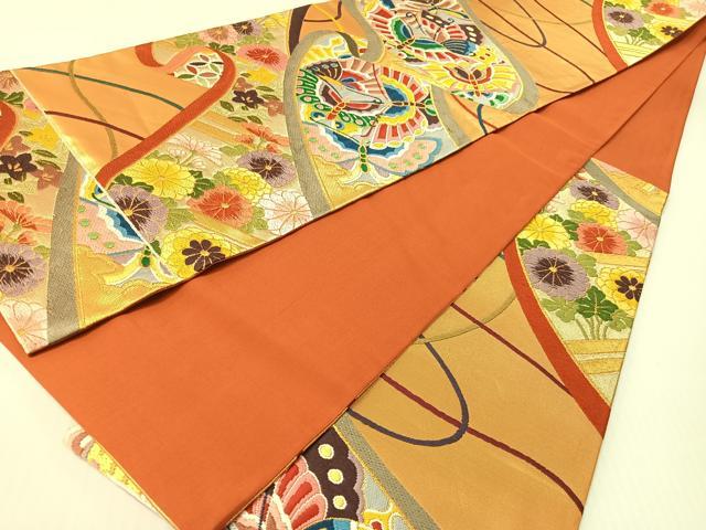 平和屋着物●西陣　白綾苑大庭　六通柄袋帯　唐織　花蝶絵巻文　金銀糸　正絹　逸品　CABG1807vp