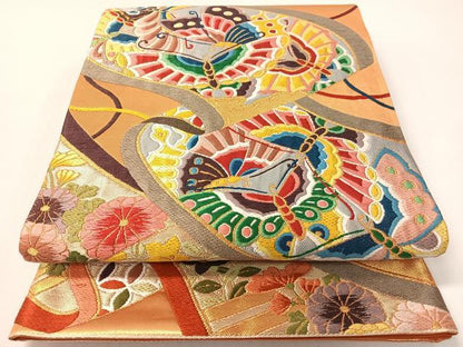 平和屋着物●西陣　白綾苑大庭　六通柄袋帯　唐織　花蝶絵巻文　金銀糸　正絹　逸品　CABG1807vp