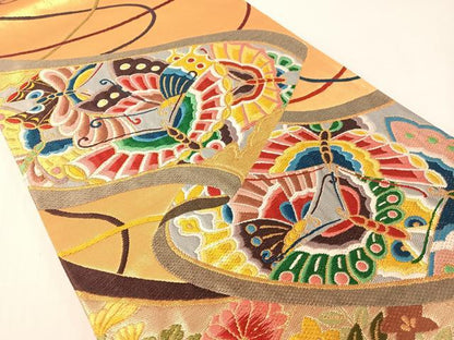 平和屋着物●西陣　白綾苑大庭　六通柄袋帯　唐織　花蝶絵巻文　金銀糸　正絹　逸品　CABG1807vp