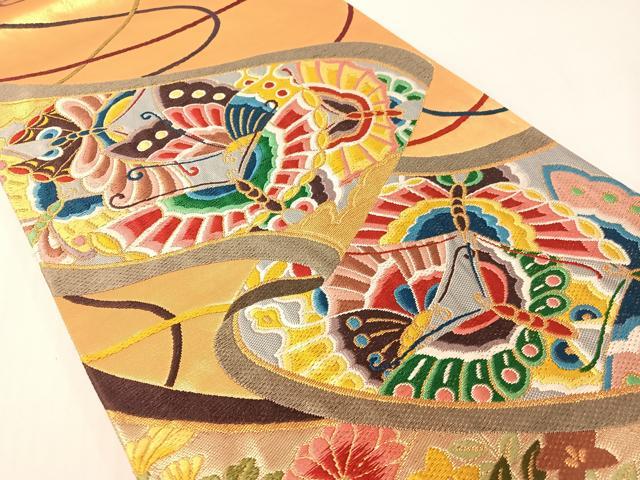 平和屋着物●西陣　白綾苑大庭　六通柄袋帯　唐織　花蝶絵巻文　金銀糸　正絹　逸品　CABG1807vp