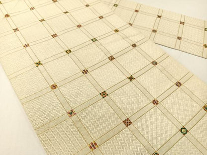 平和屋着物●本場筑前博多織　八寸名古屋帯　唐織　吉祥格子文　正絹　逸品　CABG1826vp