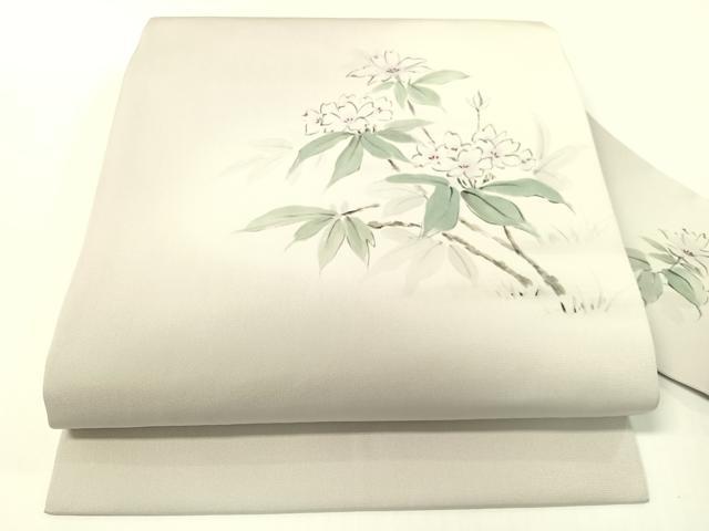 平和屋着物●染色家　岸上純平　塩瀬　九寸名古屋帯　手描き　草花文　正絹　逸品　CABG1827vp