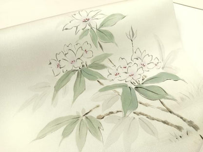 平和屋着物●染色家　岸上純平　塩瀬　九寸名古屋帯　手描き　草花文　正絹　逸品　CABG1827vp