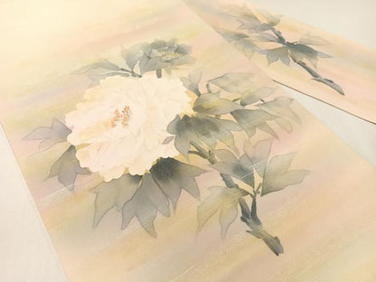 平和屋着物●塩瀬　九寸名古屋帯　紫光　手描き　牡丹　金彩　正絹　逸品　CABG1829vp