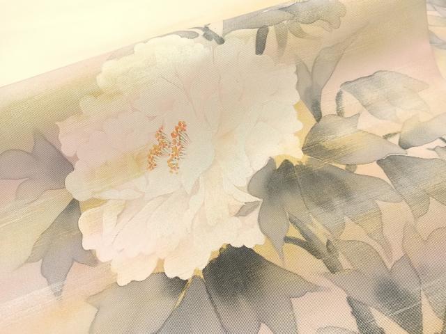 平和屋着物●塩瀬　九寸名古屋帯　紫光　手描き　牡丹　金彩　正絹　逸品　CABG1829vp 平和屋着物○塩瀬 九寸名古屋帯 紫光 手描き 牡丹 金彩 正絹 逸品