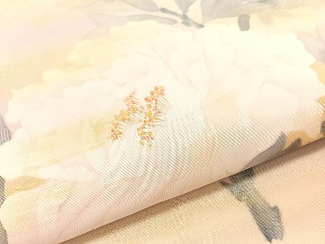平和屋着物○塩瀬 九寸名古屋帯 紫光 手描き 牡丹 金彩 正絹 逸品