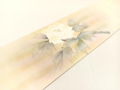 平和屋着物●塩瀬　九寸名古屋帯　紫光　手描き　牡丹　金彩　正絹　逸品　CABG1829vp