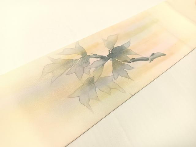 平和屋着物●塩瀬　九寸名古屋帯　紫光　手描き　牡丹　金彩　正絹　逸品　CABG1829vp