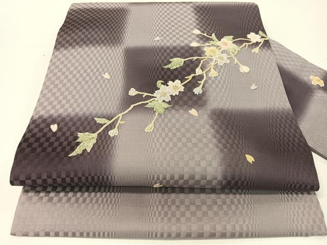 平和屋着物●中国三大刺繍　総相良刺繍　九寸名古屋帯　作家物　市松枝桜　金糸　正絹　逸品　CABG1841vp