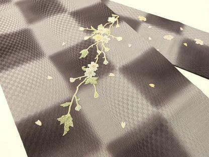 平和屋着物●中国三大刺繍　総相良刺繍　九寸名古屋帯　作家物　市松枝桜　金糸　正絹　逸品　CABG1841vp