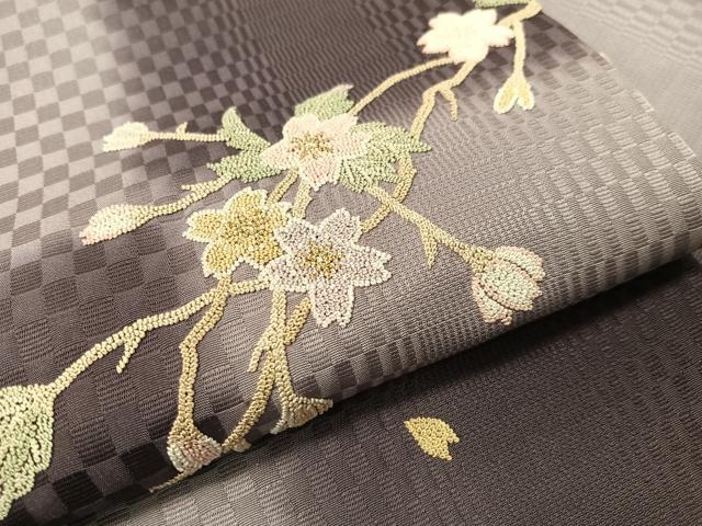 平和屋着物●中国三大刺繍　総相良刺繍　九寸名古屋帯　作家物　市松枝桜　金糸　正絹　逸品　CABG1841vp
