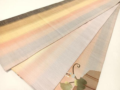 平和屋着物●両面　太鼓柄袋帯　紬地　すくい織　蔦の葉花文　正絹　逸品　CABG1848vp